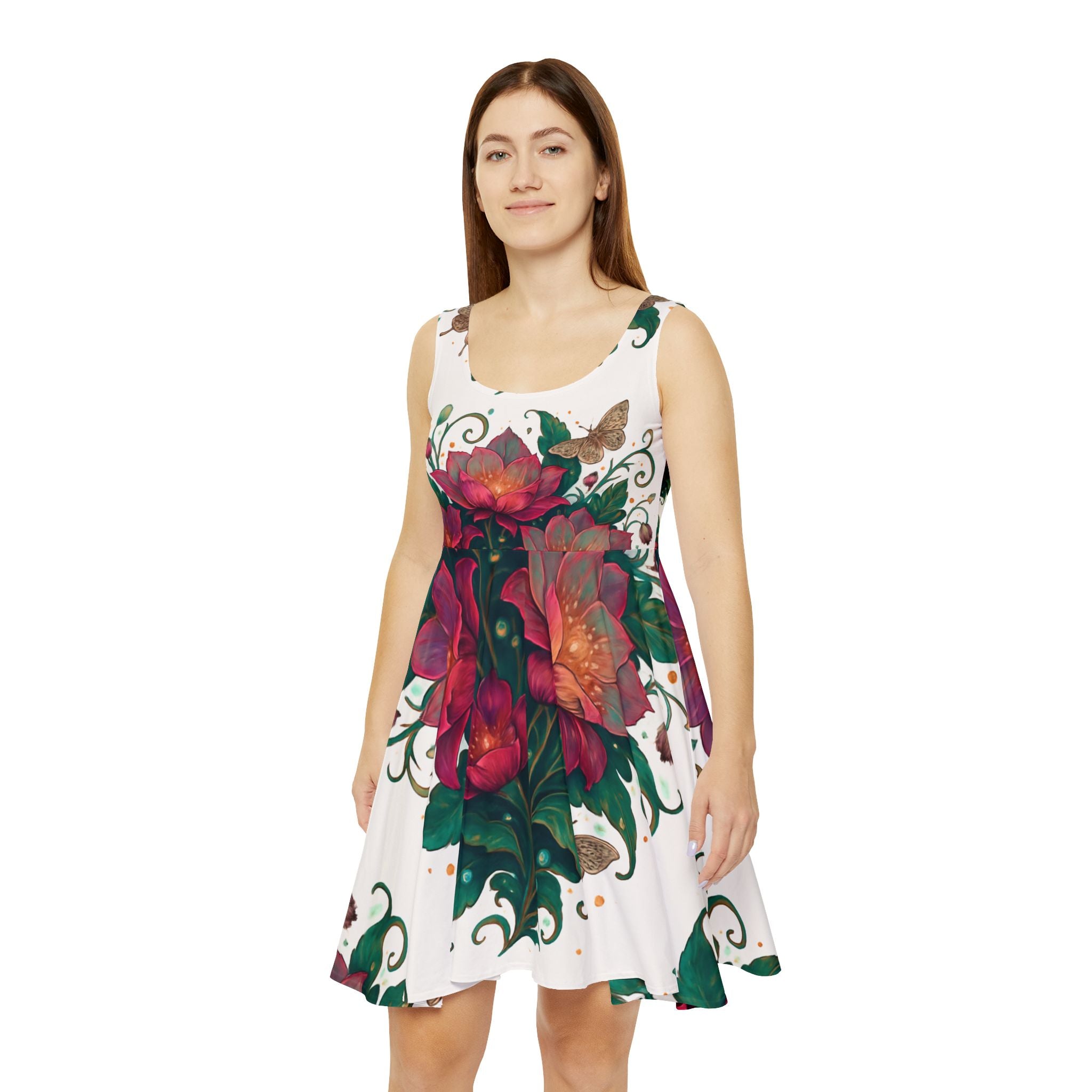 Floral Lotus Skater Dress — Bold Pink & Green Botanical Print