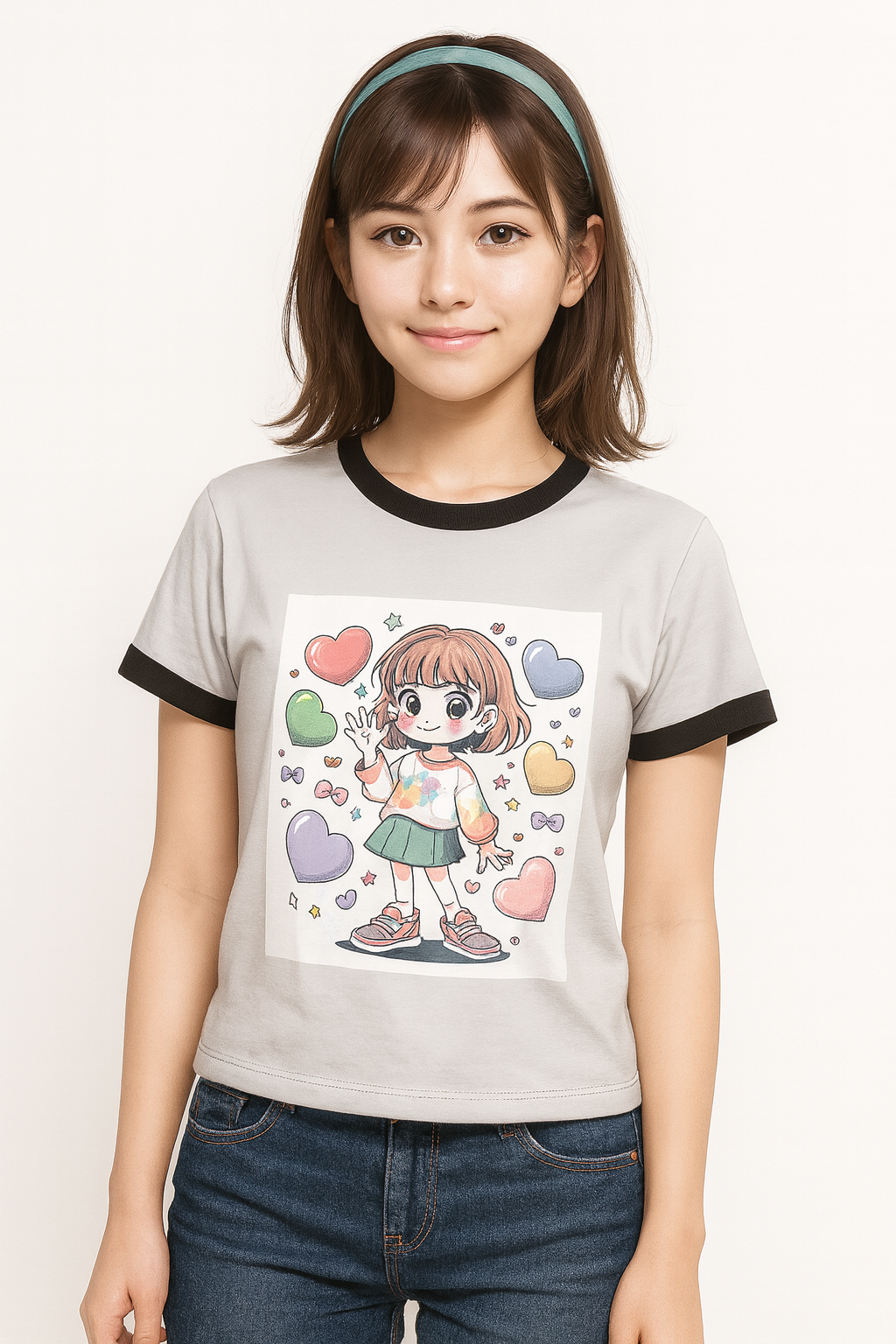Cute Pastel Anime Girl Ringer Tee — Heart & Candy Kawaii Graphic
