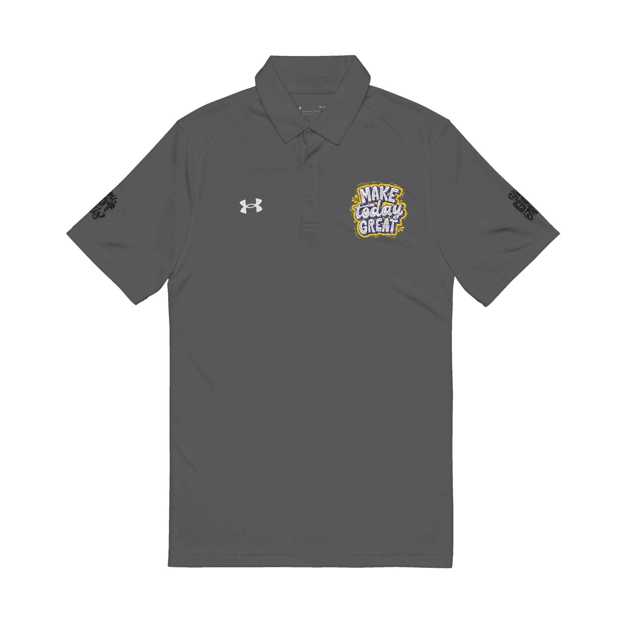 Embroidered Men's Performance Polo — White with Graphic Chest & Sleeve Logos