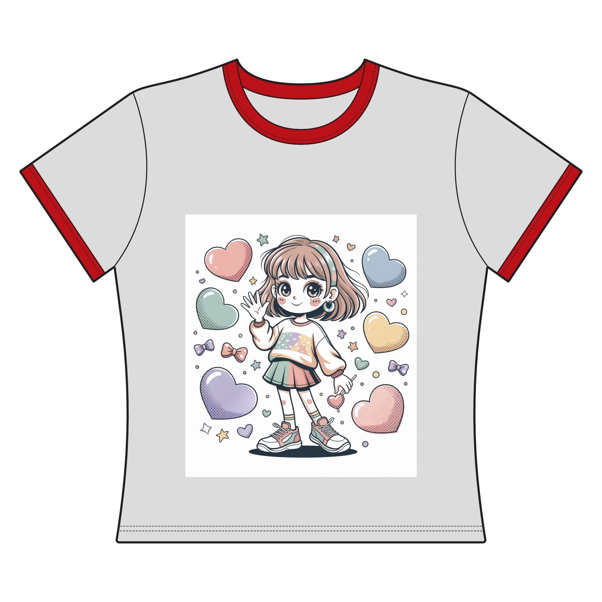 Cute Pastel Anime Girl Ringer Tee — Heart & Candy Kawaii Graphic