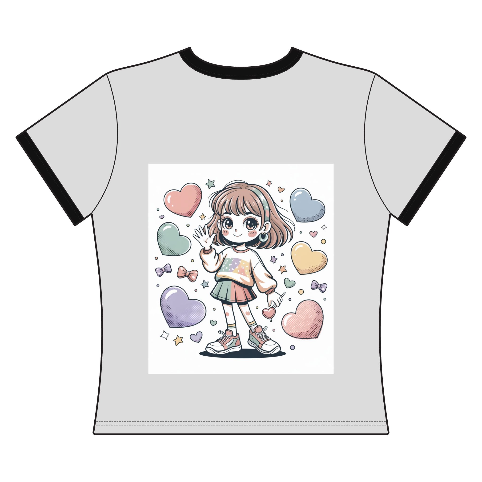 Cute Pastel Anime Girl Ringer Tee — Heart & Candy Kawaii Graphic