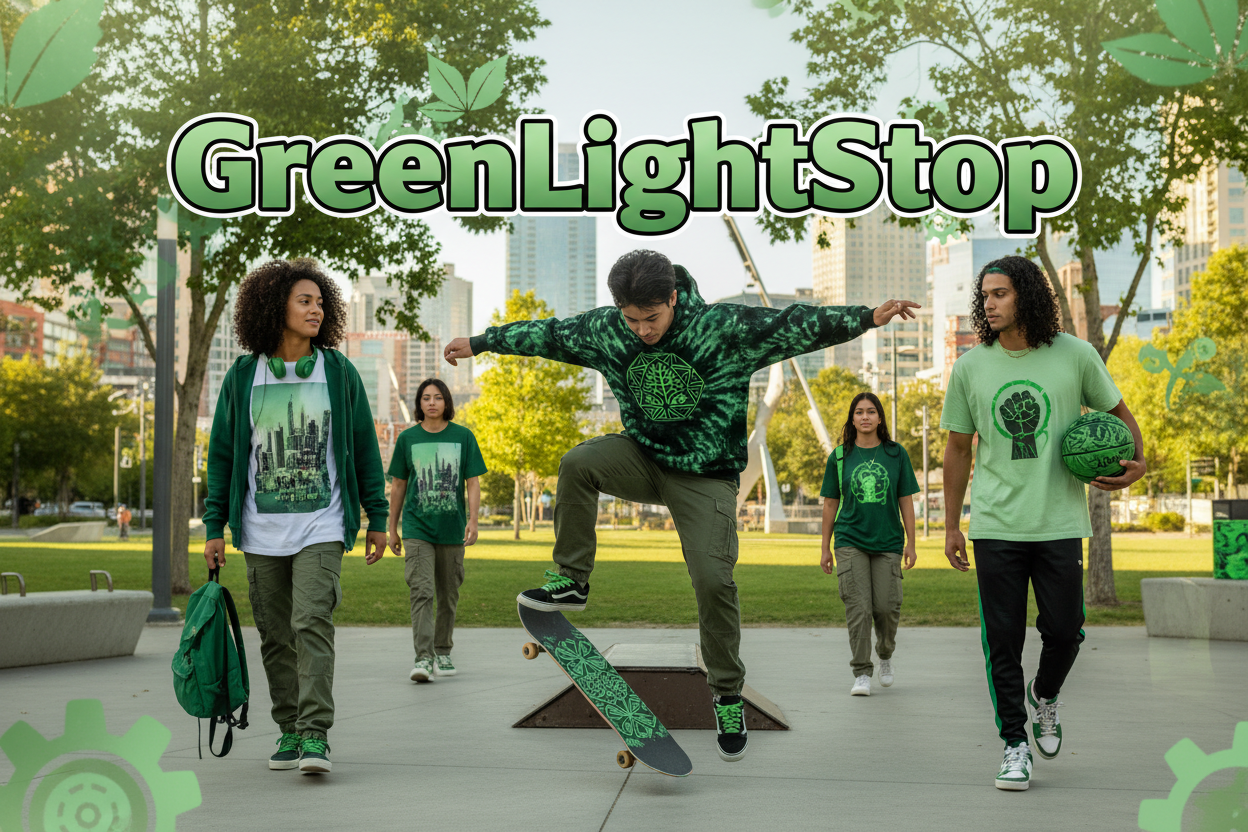title GreenLightStop with green theme show models wearing different printed shirts and hoodies while skating and walking and one with basketball in a park 